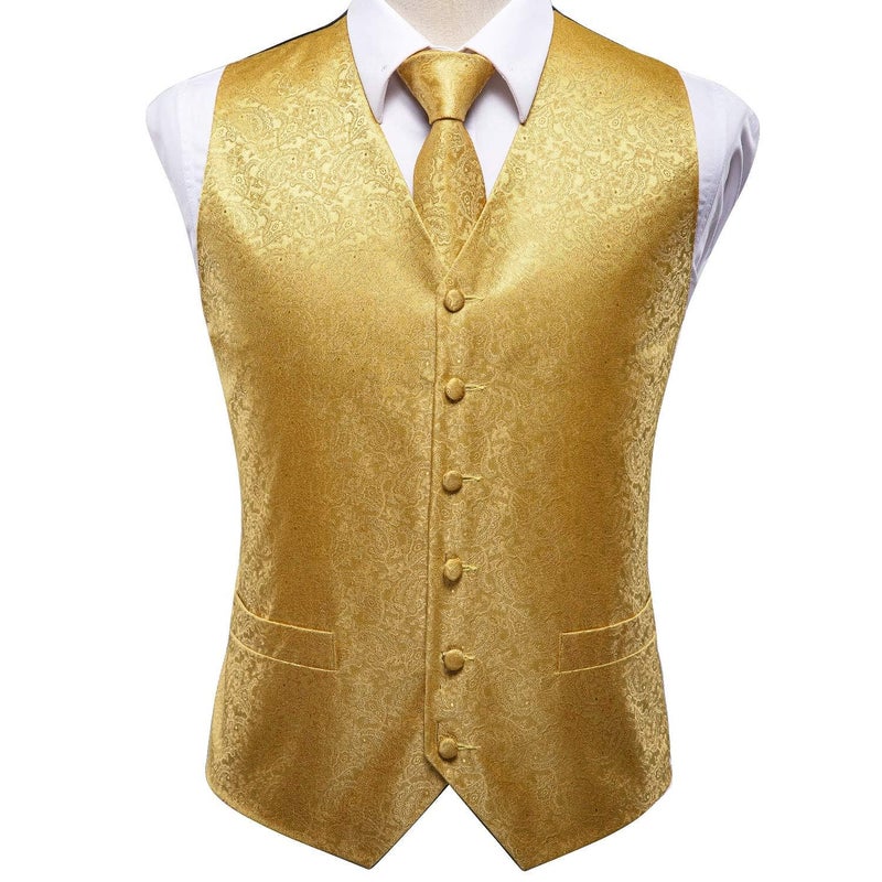 Hi-Tie Mens Golden Paisley Suit Vest Tie Set Casual Silk Jacquard Formal Dress Waistcoat for Tuxedo Wedding Party Business - Image 5